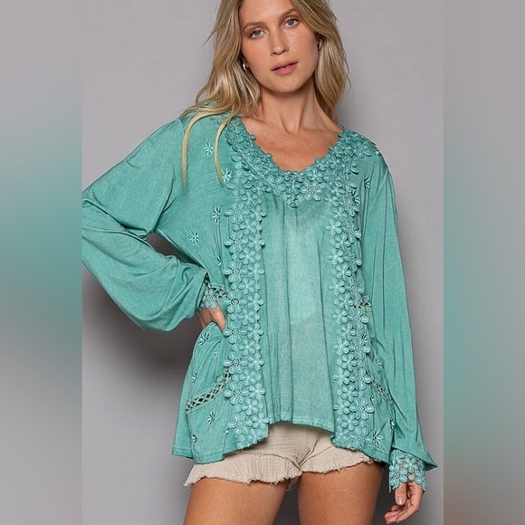 Anthropologie Tops - POL, Grace Floral Embroidery Embellished Top, Soft,Relaxed, Green, EUC, Size XS